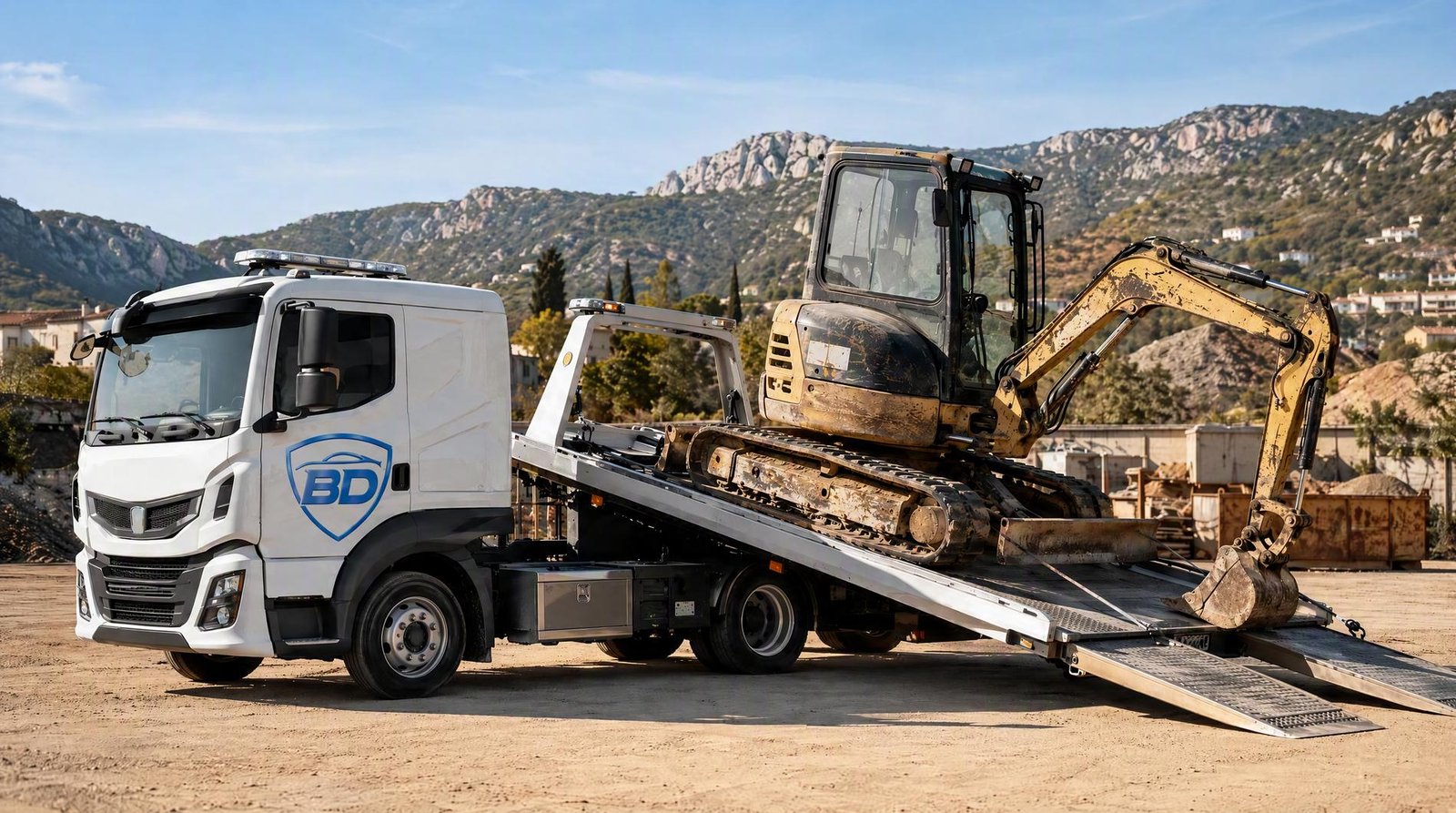 Dépanneuse BD Automobile Rachat transportant une mini-pelle sur un chantier près de Marseille